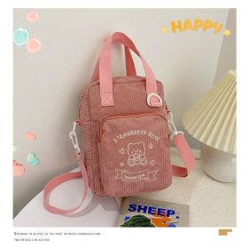 Cute Embroidery Bear Soft Sister Student Corduroy Hand Crossbody Bag (Option: No pendant pink)