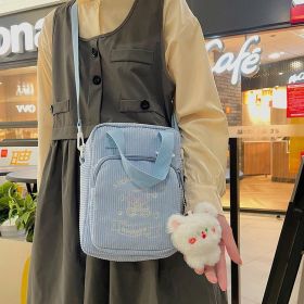 Cute Embroidery Bear Soft Sister Student Corduroy Hand Crossbody Bag (Option: Blue send plush pendant)