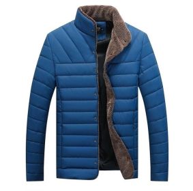 Men's Stand Collar Leather Cotton Coat Outwear Jacket (Color: Blue, size: S)