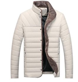 Men's Stand Collar Leather Cotton Coat Outwear Jacket (Color: White, size: L)