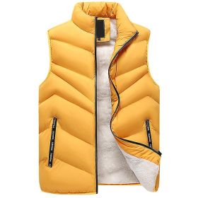 Men's Casual Warm Plus Fleece Stand-up Collar Cotton Vest (Color: Yellow, size: 2XL)