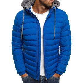 Winter New Men's Casual Cotton Jacket Youth Short Warm Hooded Cotton Jacket (Color: Royal Blue, size: XXL)