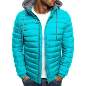 Winter New Men's Casual Cotton Jacket Youth Short Warm Hooded Cotton Jacket (Color: Aqua Blue, size: XXXL)