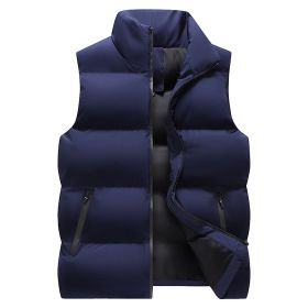 Winter new down vest large size loose casual sports vest men's solid color warm down cotton vest coat sportswear (Color: Drak blue, size: M)