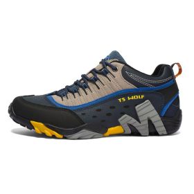 Outdoor Lover Trekking Shoes Men Waterproof Hiking Shoes Mountain Boots Genuine Leather Woodland Hunting Tactical Shoes (Color: Men-Dark blue-Yellow, size: 36)