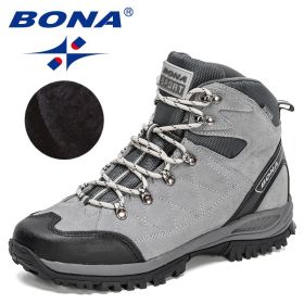 BONA 2022 New Designers Brand Winter Snow Boots Men Warm Plush High Top Boots Man Suede Leather Ankle Boots Non-slip Mansculino (Color: Dark grey black, size: 8)