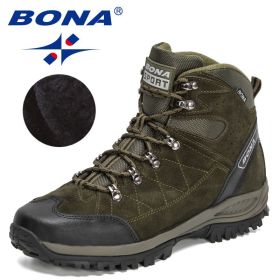 BONA 2022 New Designers Brand Winter Snow Boots Men Warm Plush High Top Boots Man Suede Leather Ankle Boots Non-slip Mansculino (Color: Army green black, size: 10.5)