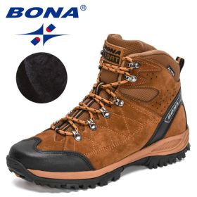 BONA 2022 New Designers Brand Winter Snow Boots Men Warm Plush High Top Boots Man Suede Leather Ankle Boots Non-slip Mansculino (Color: Light brown black, size: 9.5)