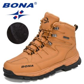 BONA 2022 New Designers Brand Winter Snow Boots Men Warm Plush High Top Boots MAction Leather Ankle Boots Man Outdoor Footwear (Color: Earth yellow, size: 10)