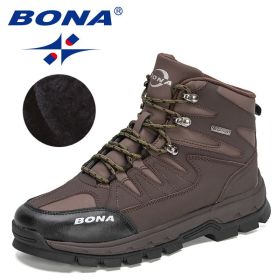 BONA 2022 New Designers Brand Winter Snow Boots Men Warm Plush High Top Boots MAction Leather Ankle Boots Man Outdoor Footwear (Color: Dark brown, size: 10)