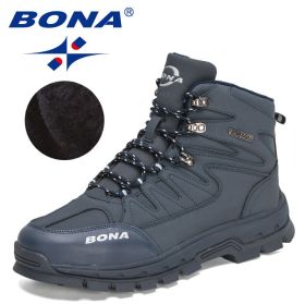 BONA 2022 New Designers Brand Winter Snow Boots Men Warm Plush High Top Boots MAction Leather Ankle Boots Man Outdoor Footwear (Color: Deep Blue, size: 10.5)