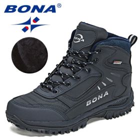 BONA 2022 New Designers Brand Winter Plush Boots Men Warm Snow Ankle Boots Man High Quality Action Leather Sneakers Mansculino (Color: Deep blue S gray, size: 8)